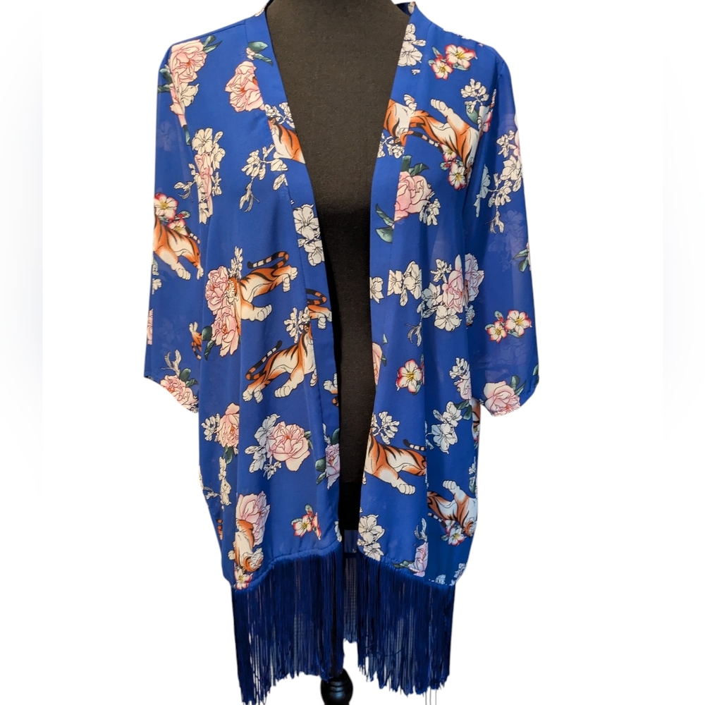 Disney Aladdin Tiger Blue 2X Kimono Duster Top With Blue Fringe